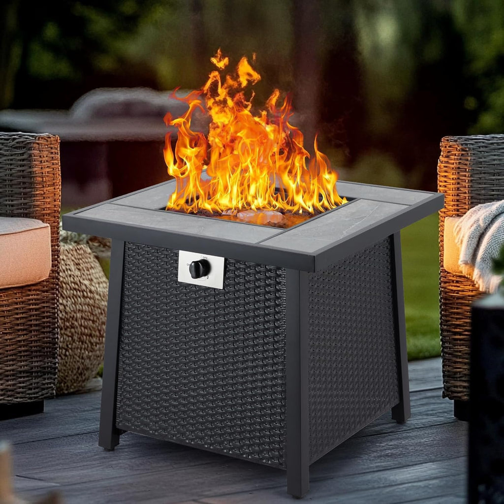 28 Inch Propane Fire Pit Table, 50000BTU Rectangle Fire Table with Cover, Sturdy Steel and Iron Fence Surface, CSA
