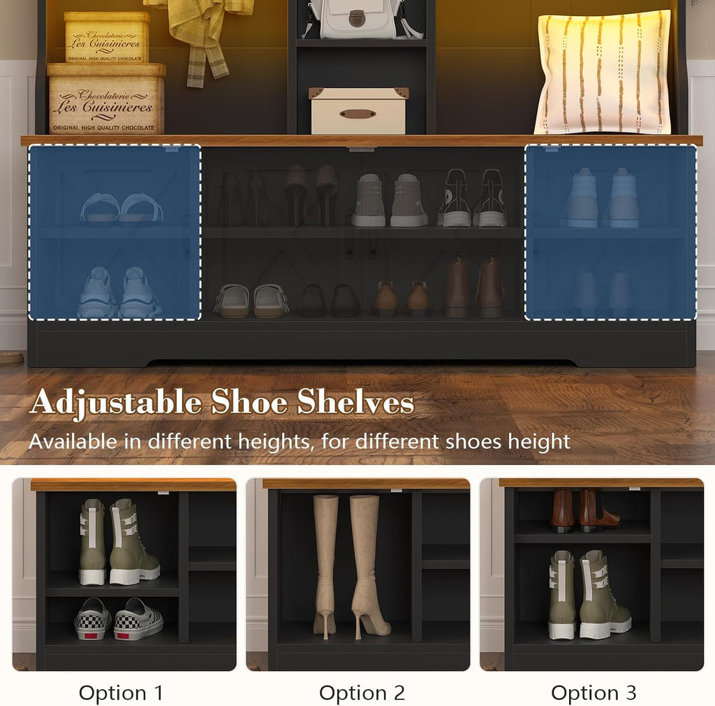 Hall Tree with Bench and Shoe Storage, Farmhouse Entryway Bench with Coat Racks and Led Lights, Black Large Hall Tree