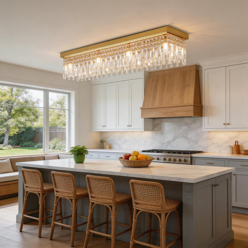 Rectangular Crystal Chandelier Flush Mount 40" Gold Ceiling Light,Large K9 Raindrop Light Fixture,8 Lights Modern