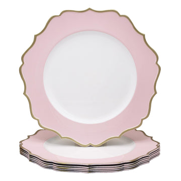 13" Scalloped White and Pink Charger Plates with Gold Rim, Set of 6 Elegant Plastic Dinner Chargers for Wedding