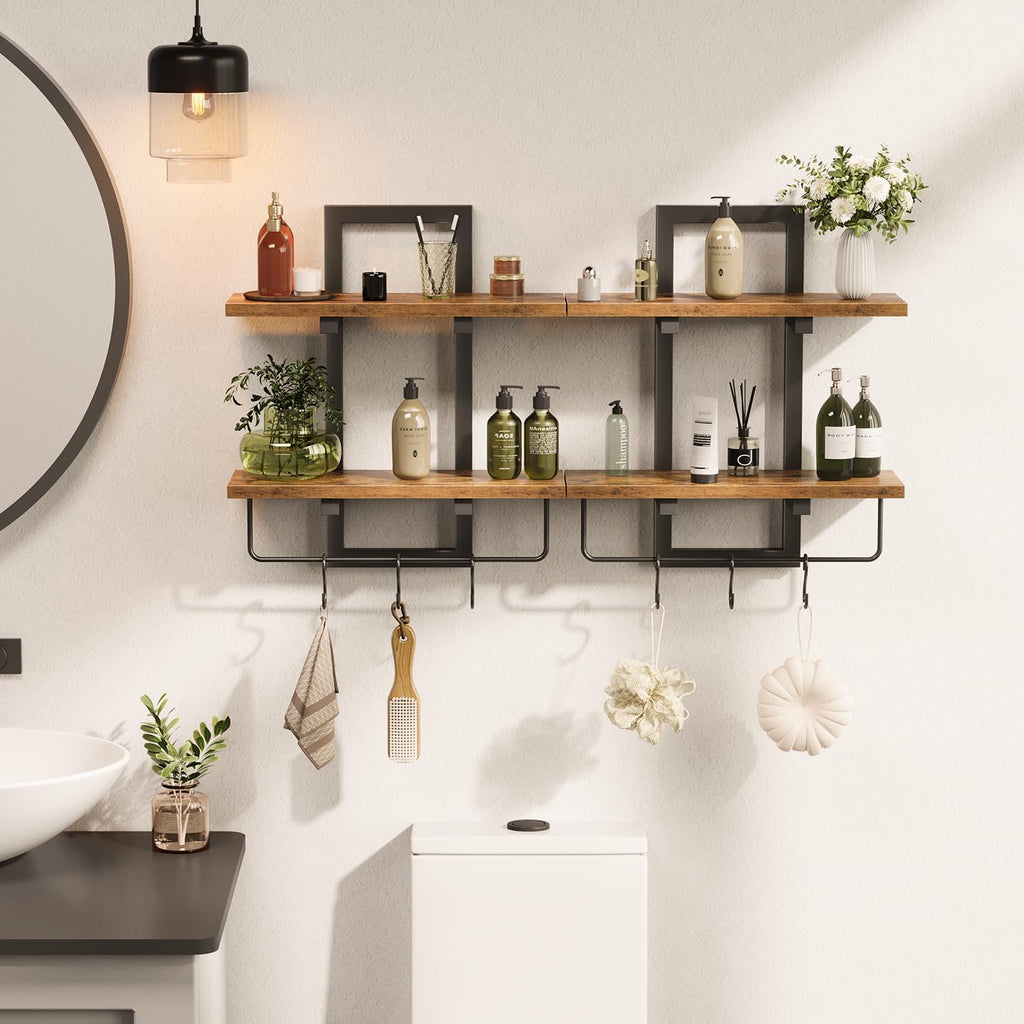 Floating Shelves for Wall Set of 2, Wood Wall Shelf with 6 Hooks, 2 Tier Hanging Decorative Storage Shelves Bedroom