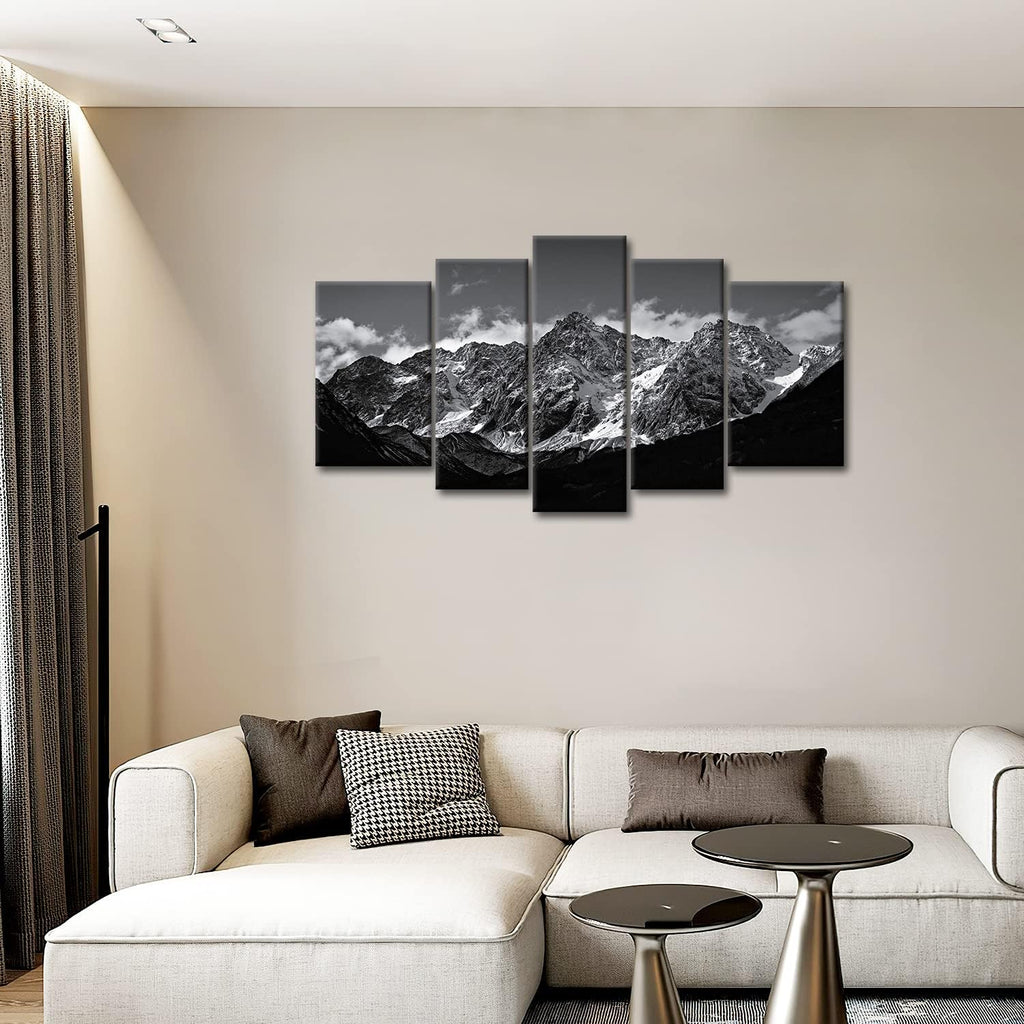 Canvas Wall Art Mountain Black and White Snow Mountain Landscape Picture 5 Pieces Prints On Canvas Modern Giclee