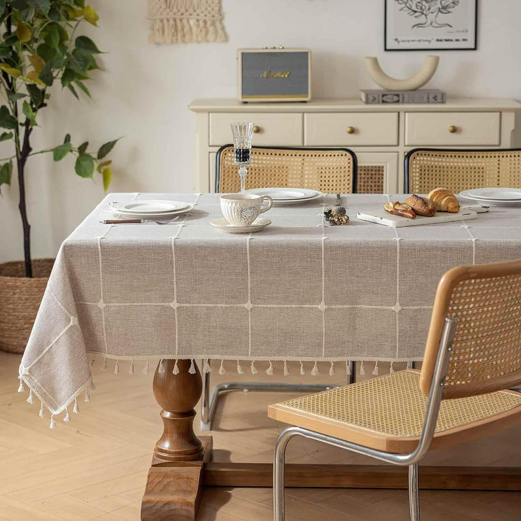 Rectangle Tablecloth Boho Grid with Tassels 55 x 84 Inch, Light Tan Embroidered Table Cloth Cover Heavy Weight Linen
