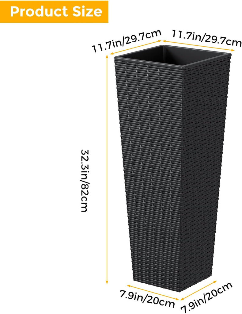 32in Large Planters for Outdoor Plants, Outside Tall Black Planters Set of 2, Resin Front Porch Planters, Outdoor