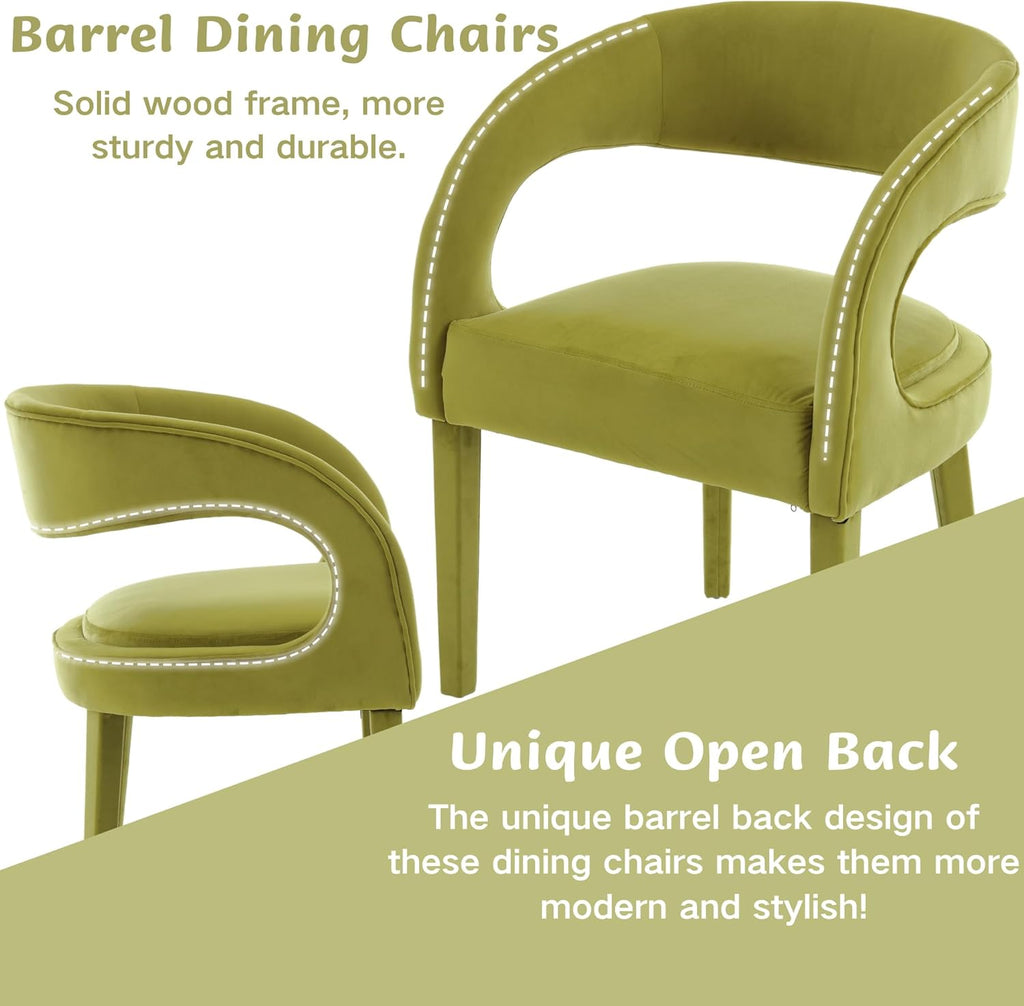Modern Barrel Dining Chairs Set of 2, Green Velvet Upholstered Dining Room Chairs Open Back Kitchen Chairs Accent Side