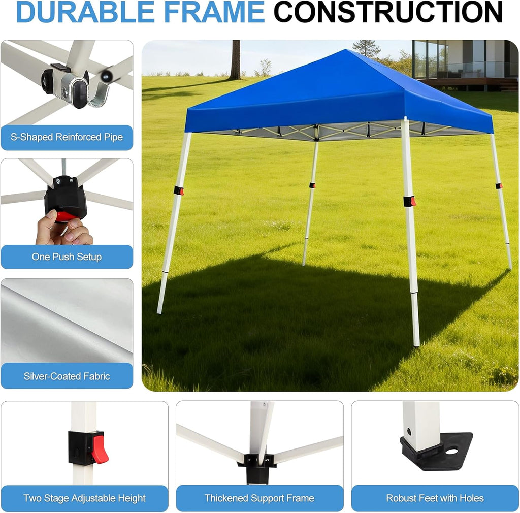10x10 Slant Legs Pop Up Canopy Tent, 1-Button Push Setup Canopy Tent, Adjustable Height Instant Portable Shelter - Blue