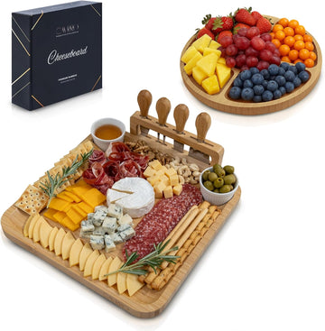 Charcuterie Board Set Bamboo with Cheese Knives and Bowls, Large Wooden Serving Platter for Entertaining