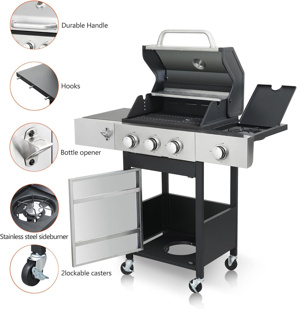 3-Burner Propane Gas Grill with Side Burner, 37,230 BTU BBQ Grill with Enameled Cast Iron Grates and Stainless Steel Body for Outdoor Cooking