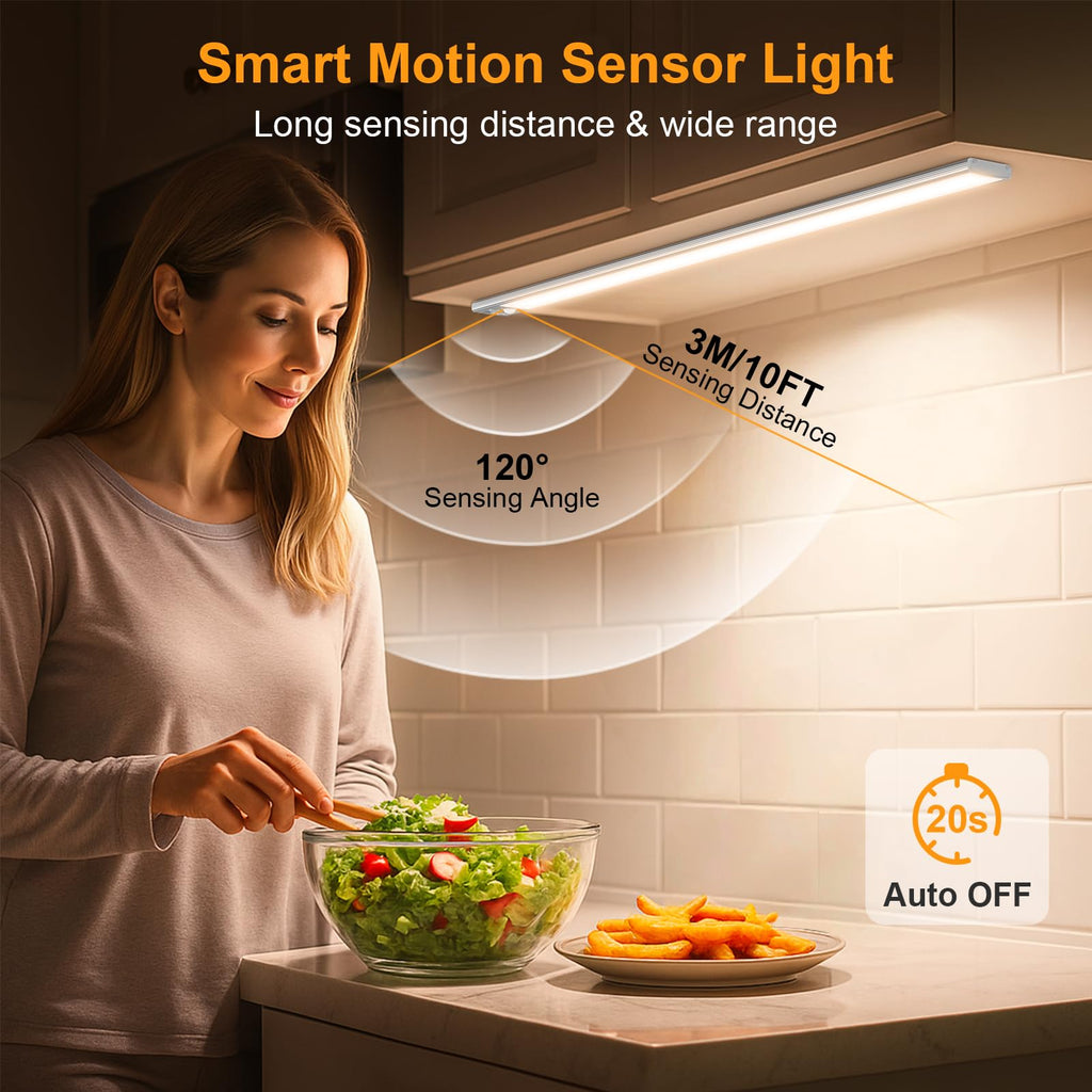 Under Cabinet Lighting 14.7inch,2 Pack Eye Caring 3-Color 4 Working Modes Dimmable Motion Sensor Light