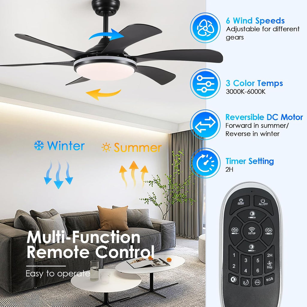 46In Black RGB Ceiling Fans with Lights - Low Profile Modern Ceiling Fan Light with Remote/APP, RGB+3CCT 6 Wind Speeds and Reversible, Indoor Outdoor Fan Light Fixture for Party, Kid's Room