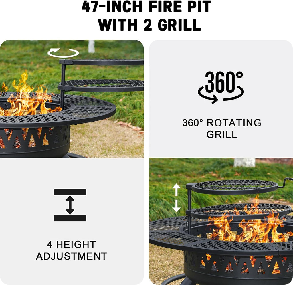 47 Inch Fire Pit with 2 Grills, Outdoor Extra Large Fire Pit for Outside