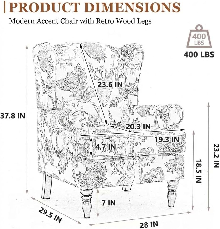 Wingback Chair & Floral Accent Chair | Occasional Side Chair Arms and High Back, Ticken Seat Cushion|Fabric