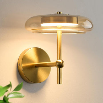 Modern Round Glass Wall Sconce in Brushed Gold, Contemporary Clear Glass Gold Sconce, Hardwired Indoor Wall Lighting