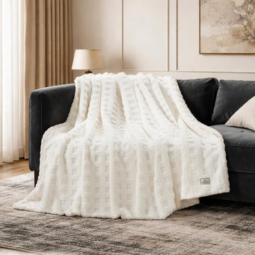 Ultrasoft Waffle Throw Blanket, Fluffy Cute Plush Blanket, Modern Home Accent, Portable for Picnic or Outdoor, Ivory