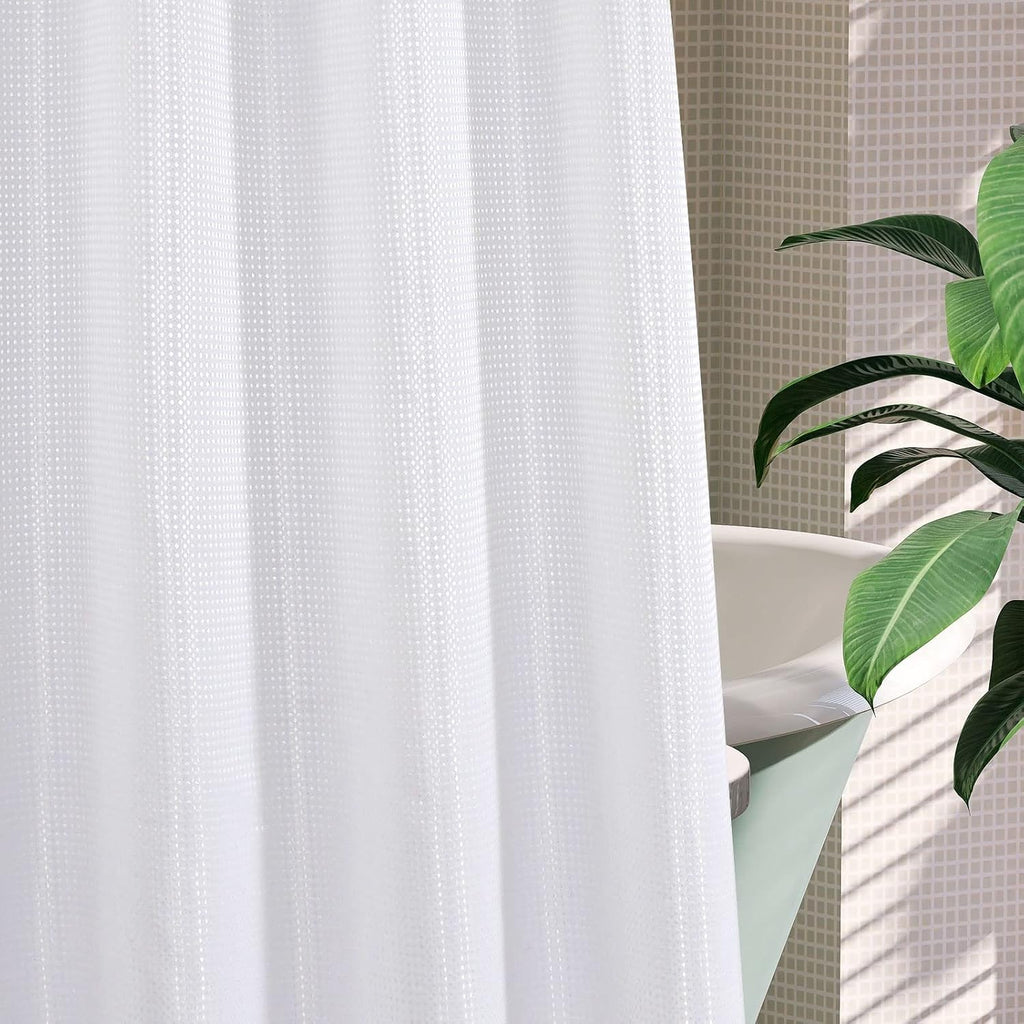 No Hooks Need White Shower Curtain Liner Set, Modern Weave Fabric Shower Curtains with Snap-in Liner for Luxury Hotel