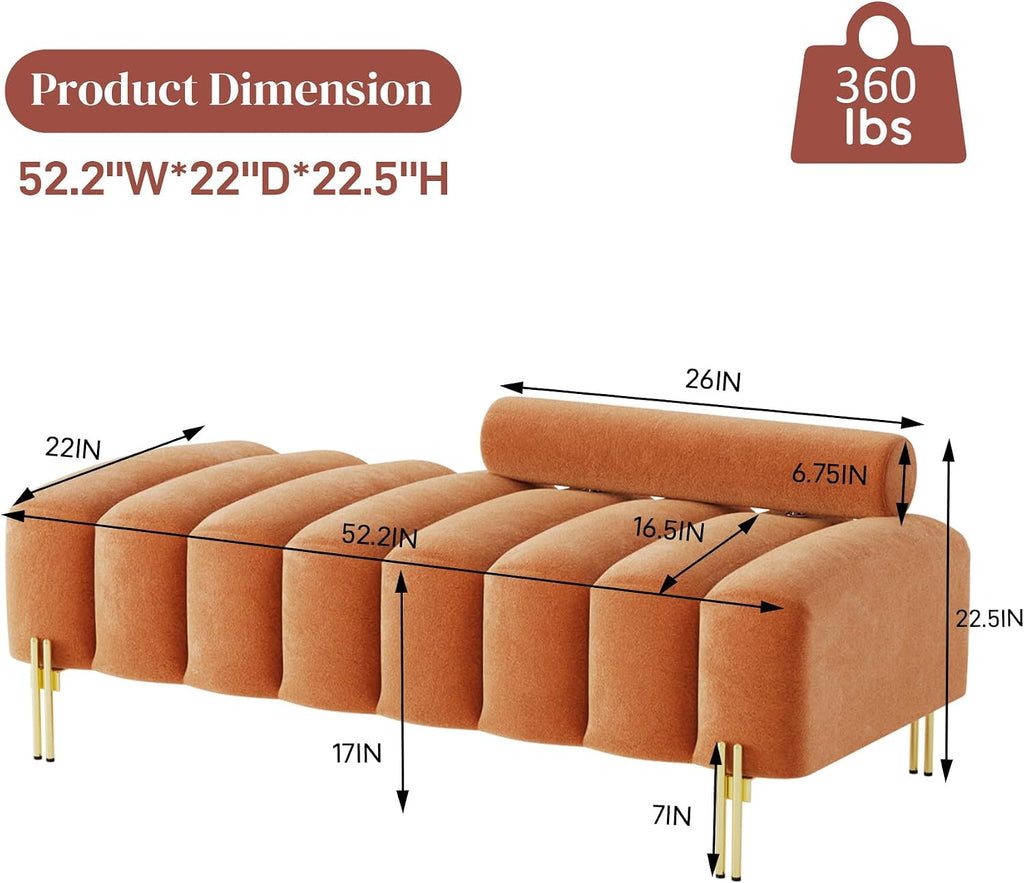 52.2" Velvet Upholstered Bench Ottoman with Adjustable Backrest, Orange | Modern Channel Tufted End of Bed Bench with