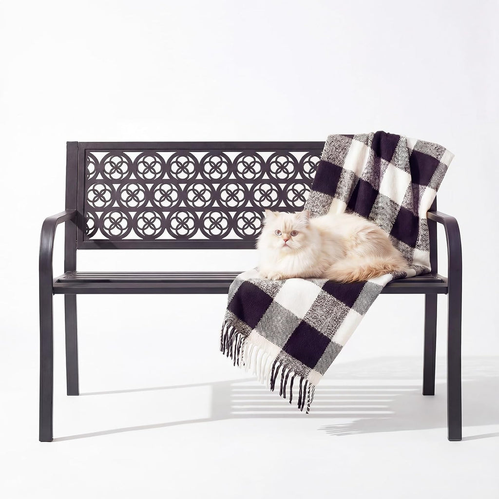 44" Outdoor Garden Bench, Iron Metal Frame Patio Bench with Backrest and Armrests, Weatherproof Anti-Rust Outdoor