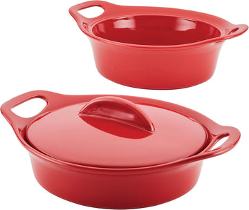 Solid Glaze Ceramics Casserole Bakers/ Dish with Shared Lid Set, 3 Piece, Red