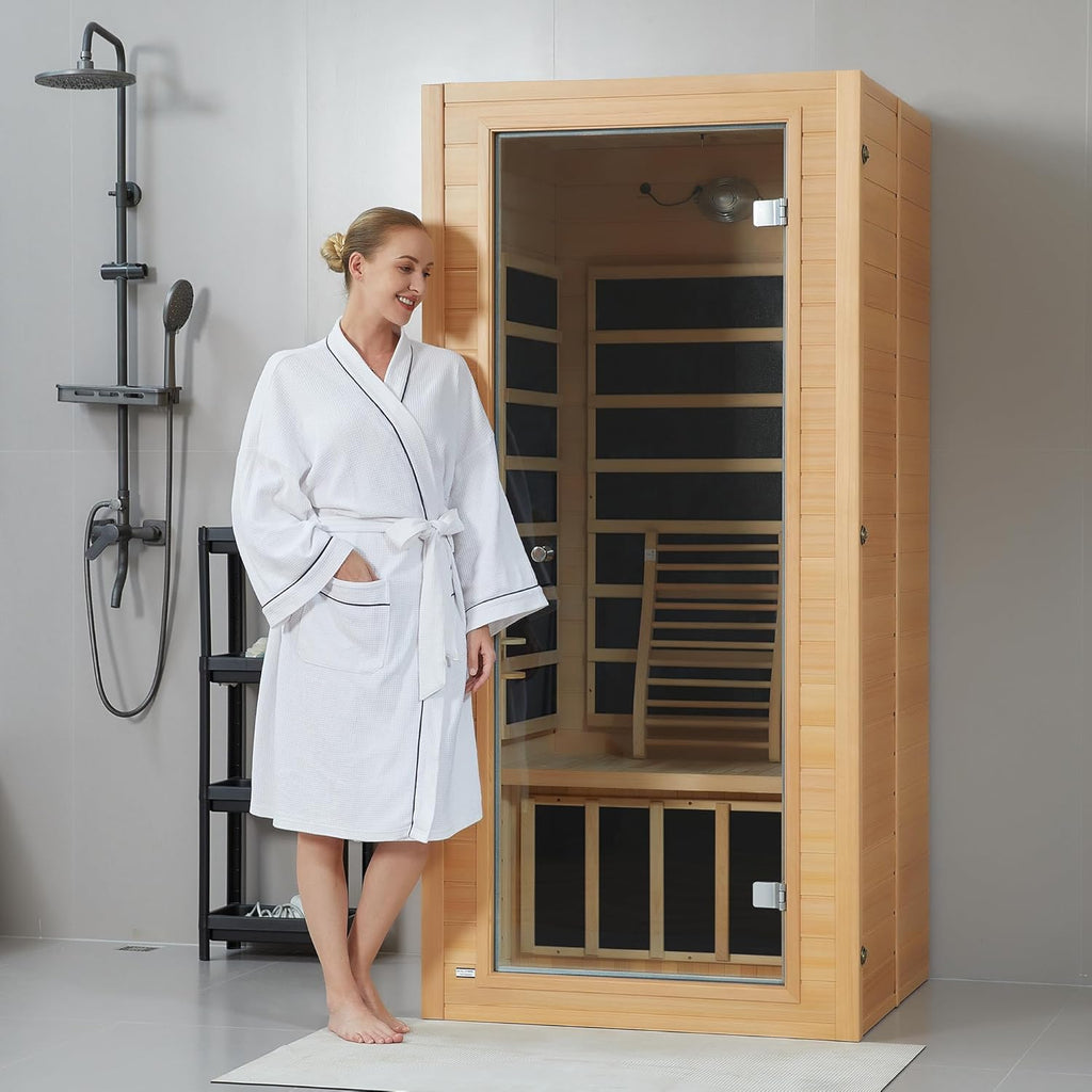 Far Infrared Sauna, Low EMF 1 Person Sauna, Indoor Canadian Hemlock Wood Home Dry Saunas Room with 1400W
