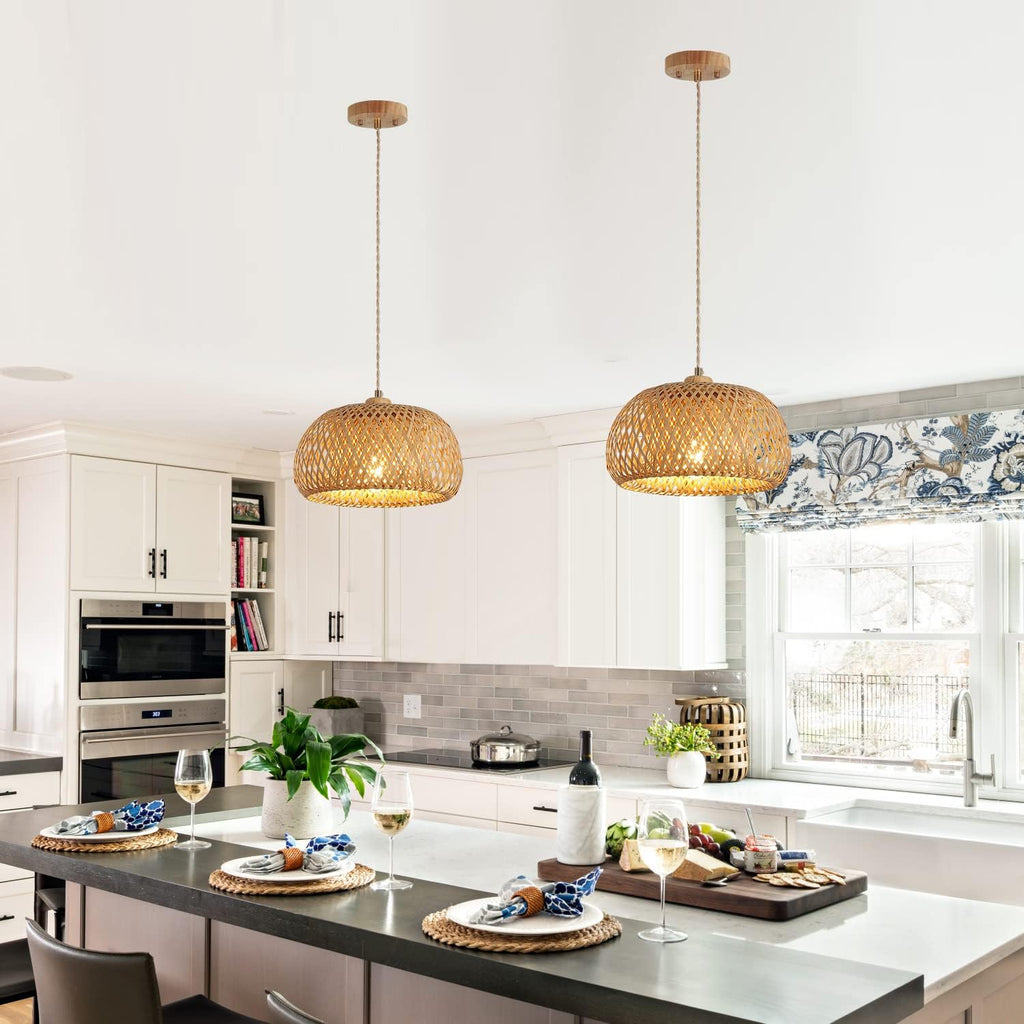 Bamboo Pendant Light Fixture One-Light Adjustable Boho Basket Handmade Woven Pendant Lighting for Kitchen Island Sink