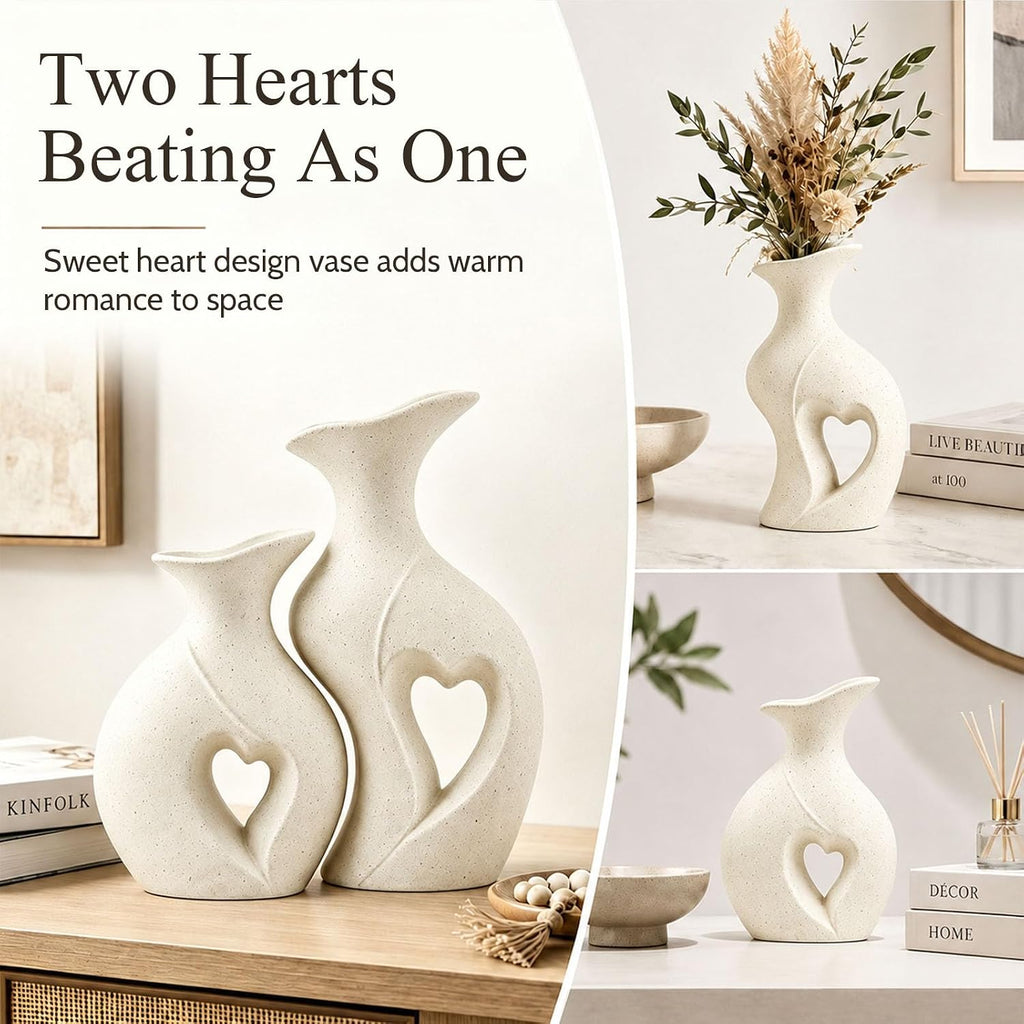 Heart Shaped Flower Vase Set of 2 Boho Modern Ceramic Vase (Cream) | Coffee Table Vase, Couples Wedding Gifts