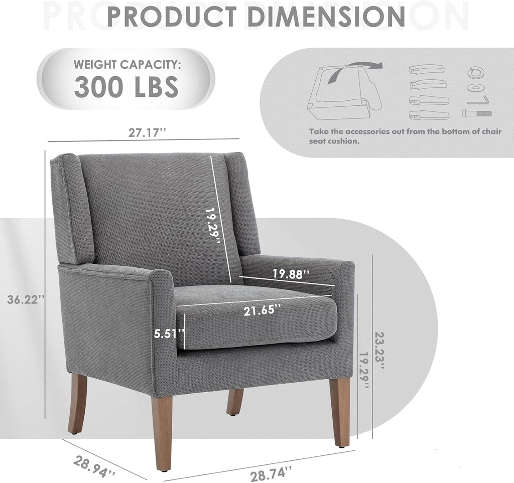 Modern Wingback Living Room Chair, Upholstered Fabric Accent Armchair, Single Sofa Chair with Lounge Seat and Wood
