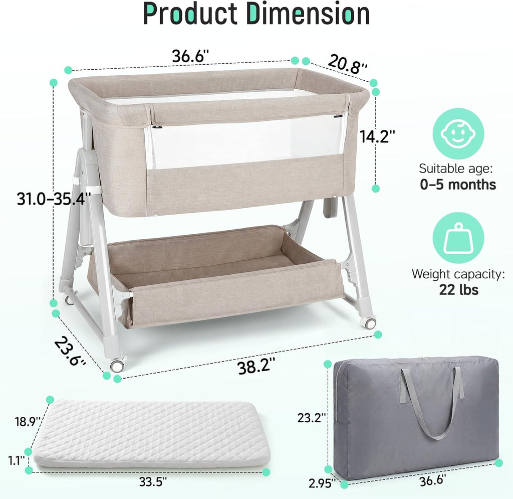 Bassinet Bedside Sleeper,3-in-1 Baby Bassinet with Mattress & Wheels,Easy Folding Portable Bedside Bassinet for Baby