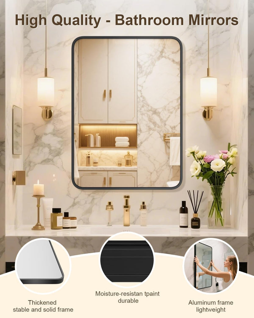 22" x 30" Bathroom Mirror Black Bathroom Mirrors for Over Sink Modern Bathroom Vanity Mirror Entryway or Living, Metal