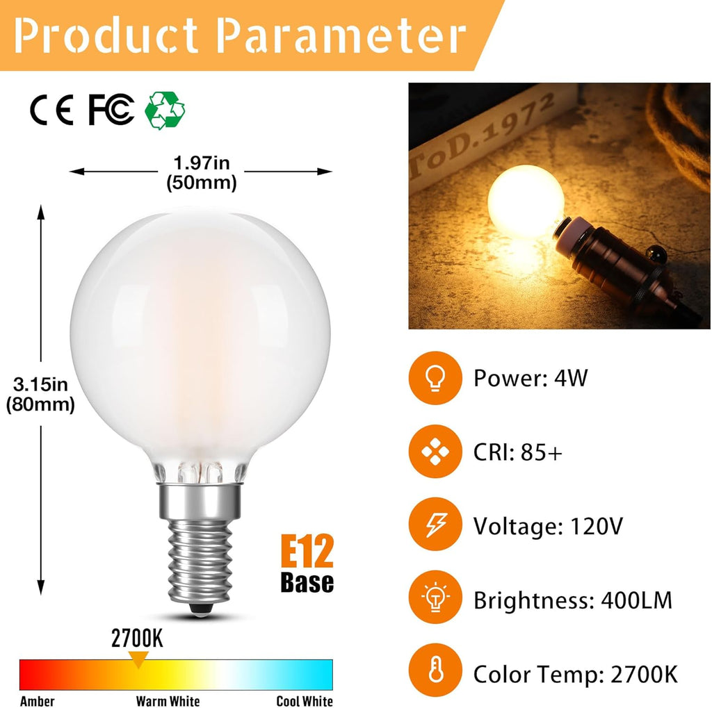 G16.5 LED Light Bulb 40w Equal 4W Type G Bulb,Dimmable Frosted E12 Globe Bulb,Round Candelabra Light Bulbs for