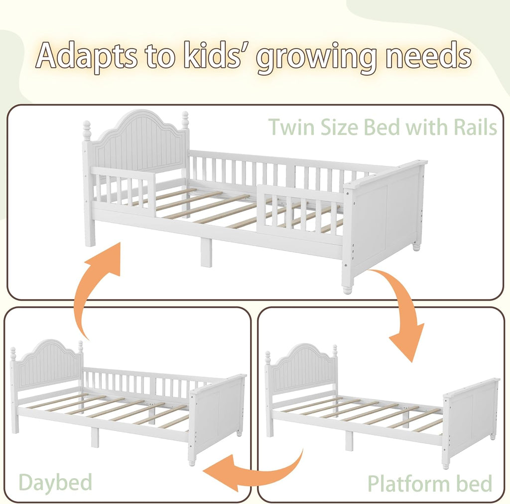 Twin Kids Bed Frame with Full-Length Guardrails, Low Profile Wood Platform Bed with Headboard & Footboard, Removable