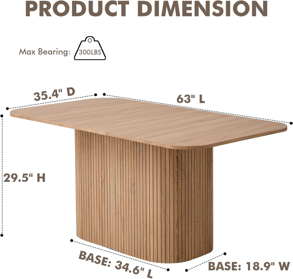 Large 63" Large Dining Table for 4 6, [Rounded Corners] [Grooved Pedestal Base] Modern Rectangle Kitchen Dinner