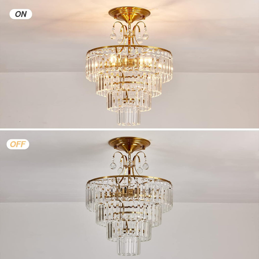 5 -Lights Crystal Gold Chandelier Fixture Modern Semi Flush Mount Ceiling Light with E12 Ceiling Lighting for Bedroom