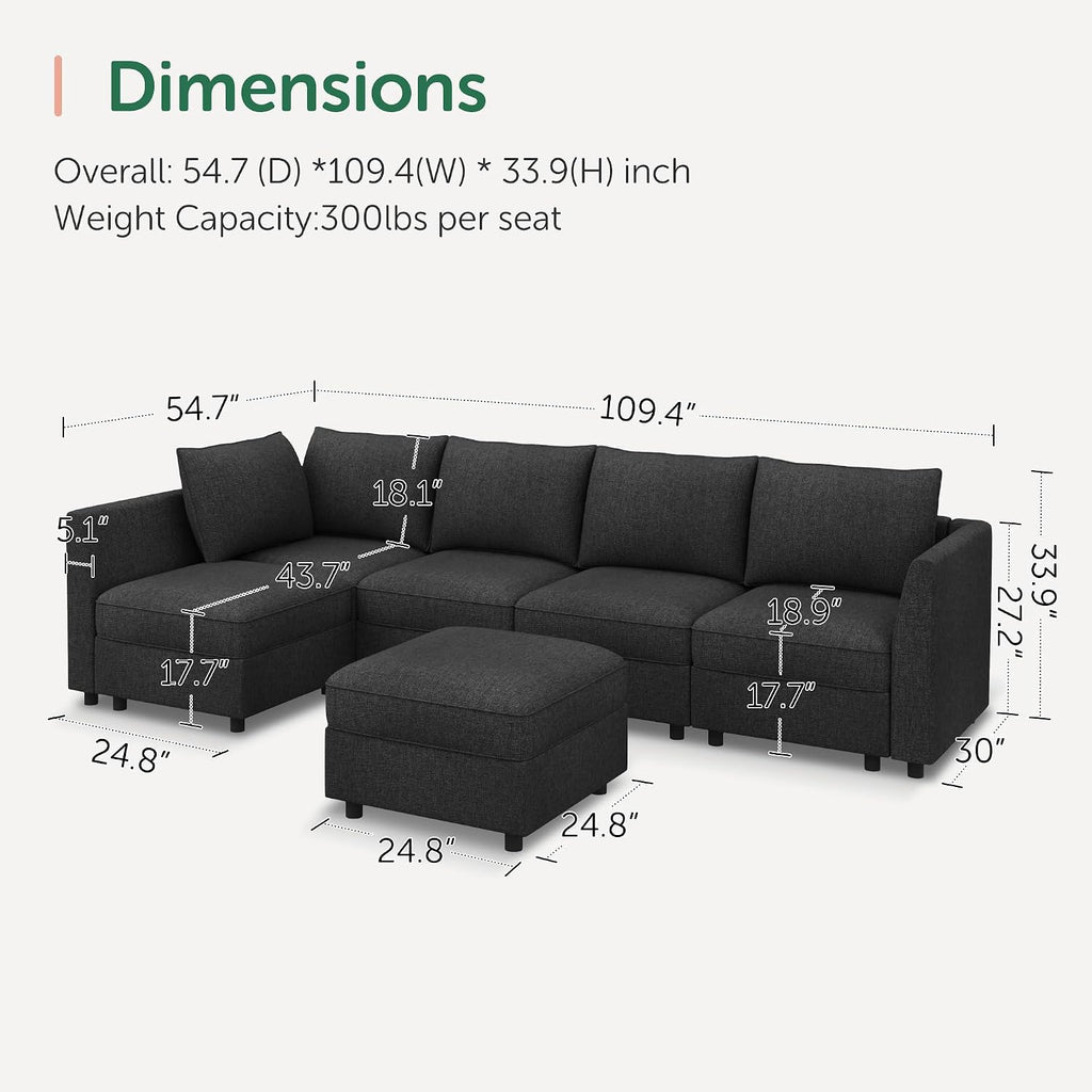 Modular Sectional Couch L Shaped Sectional Sofa with Storage, Convertible Couches - Linen Grey