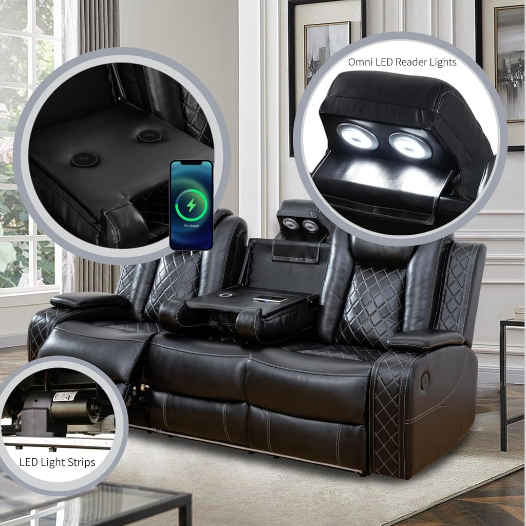 Power Recliner Set with LED Lights, Air Leather Reclining Set with USB Port/Wireless Charger/Storage Console/Cup