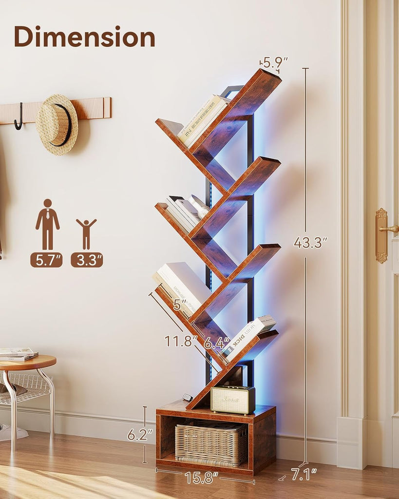Tree Bookshelf with LED Lights, 6-Tier Narrow Bookcase for Small Spaces, Tall Steel & Wood Storage Shelf with Cabinet