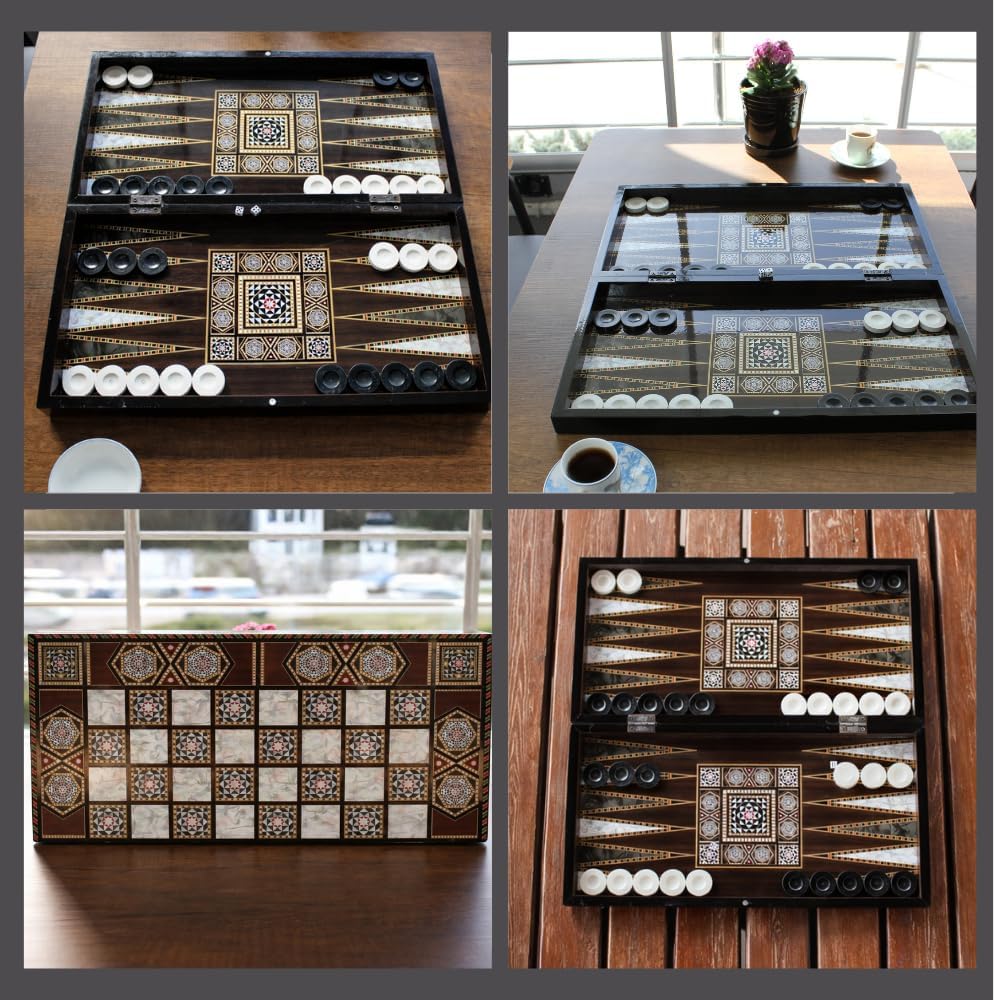 Park&Oz Pearl Premium Turkish Backgammon and Checkers Set 19 Inch Handmade 2 in 1 Wooden Board Game with Glossy