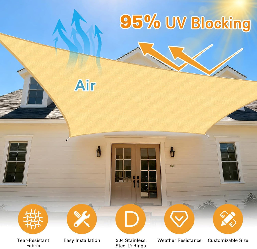 Sun Shade Sail, 10'X16' Sand Rectangle Curved Edged Sun Shade, Commercial Grade 185GSM HDPE UV Permeable Outdoor
