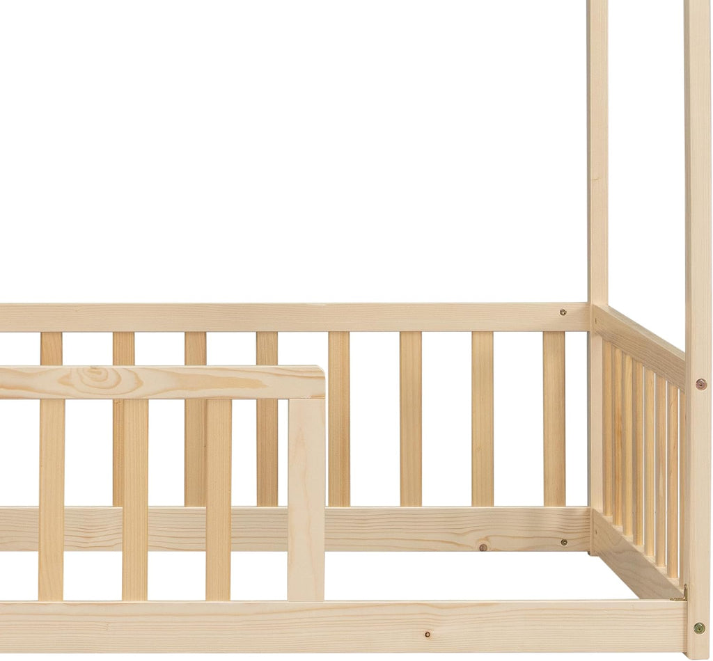 Twin Size Kids Bed Frame with Rails, Twin Montessori beds for Kids, House Bed for Boys Girls, Natural