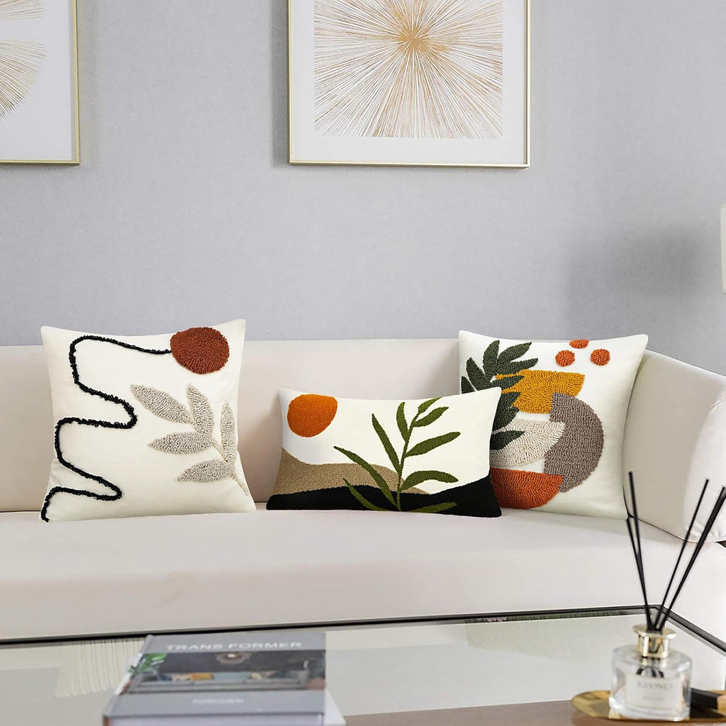 Boho Decorative Throw Pillow Covers Abstract Tufted Mid Century Modern Throw Pillows Green Leaf Sun Aesthetic