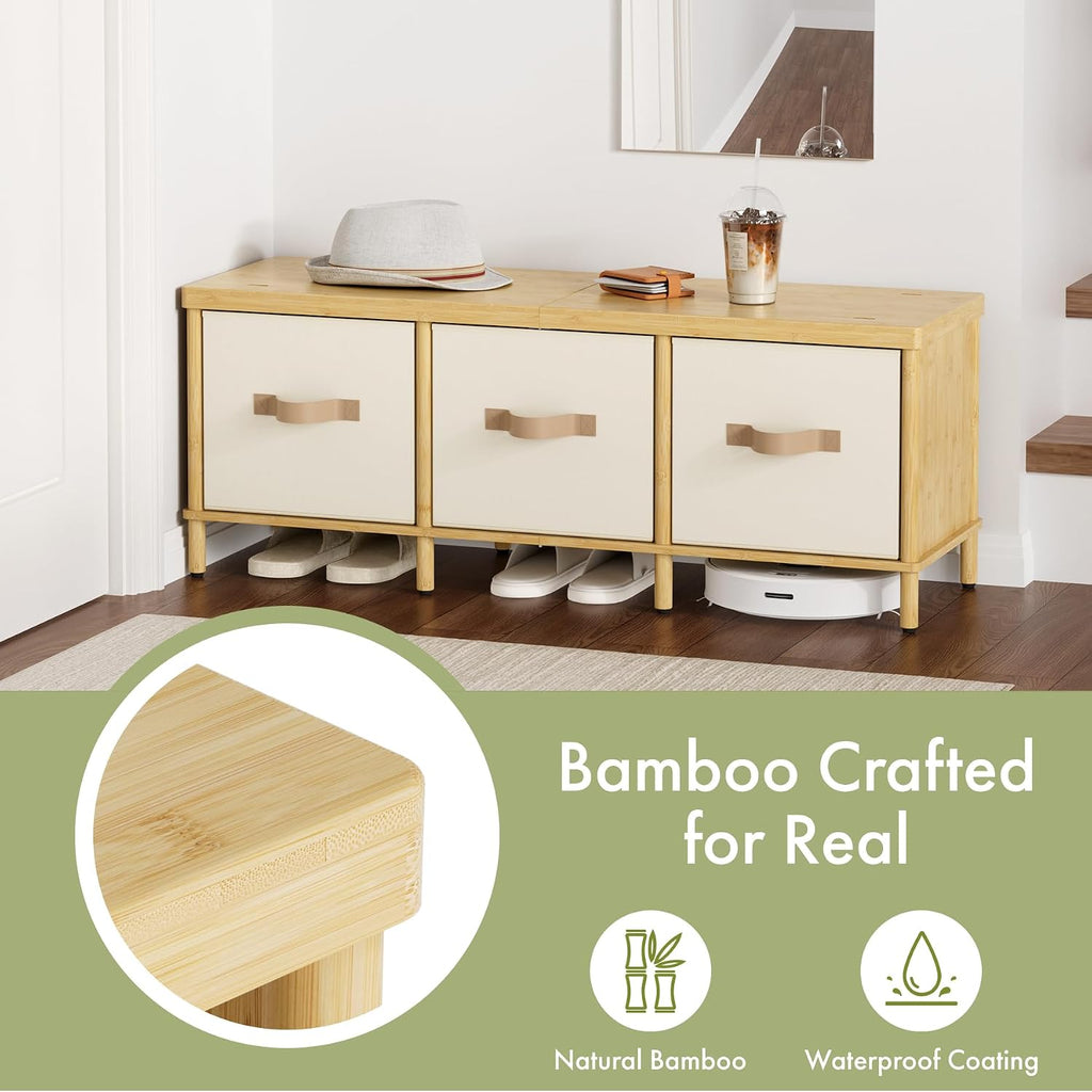 Storage Bench, 43.3" Bamboo Storage Chest with 3 Drawers, Entryway Bench with Cushioned Seat, End of Bed Bench with