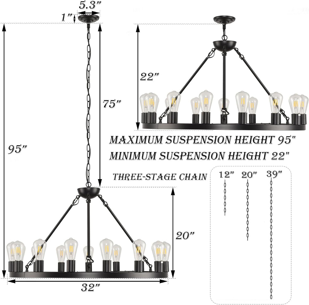 32 inch Black Wagon Wheel Chandelier 15-Light Farmhouse Round Wheel Chandeliers Hanging Light Fixture Outdoor Wagon
