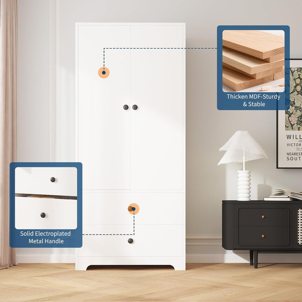 71" Armoire Wardrobe Closet, Modern Wooden Bedroom Armoire with 2 Drawers & 2 Doors and Adjustable Shelves,Clothing