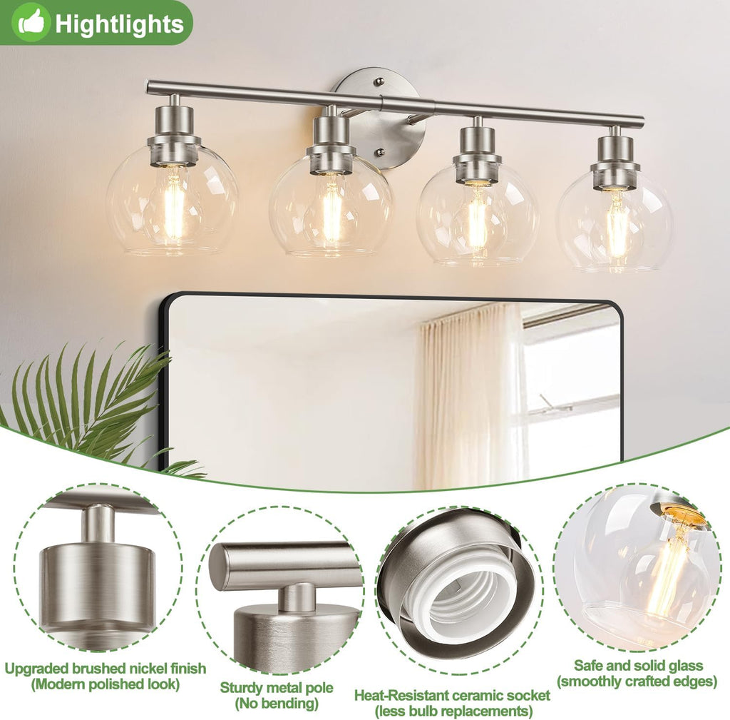 4-Light Bathroom Light Fixtures, Brushed Nickel Modern Vanity Lights Over Mirror with Clear Glass Globe Shade