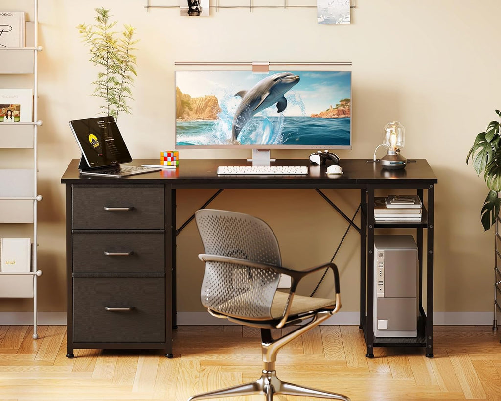 51 Inch Computer Desk with Fabric Drawers & USB Power Outlets, Reversible Home Office Desk with Storage Shelves