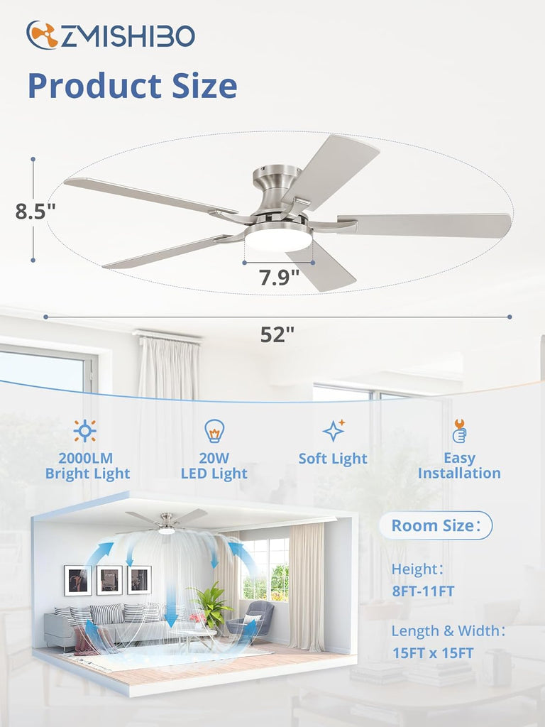 52 Inch Ceiling Fan with Light, App&Remote Control, Flush Mount Low Profile, Dimmable 20W LED Light, Quiet Reversible Motor for Bedroom, Living Room, Apartment, Nickel