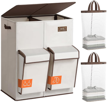 Double Laundry Hamper with Lid and 2 Side Pockets, Dual Hamper