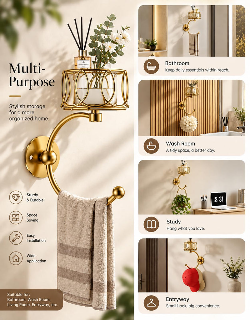 Hand Towel Holder Wall, Towel Hook with Candle Holder Decor, Wall Mounted Towel Hook with Cut Candle Holder, Vintage