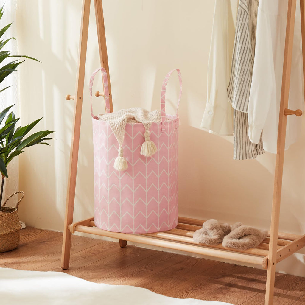 Baby Laundry Basket Nursery Hamper with Long Handles, Pink Geometry 2 Pcs