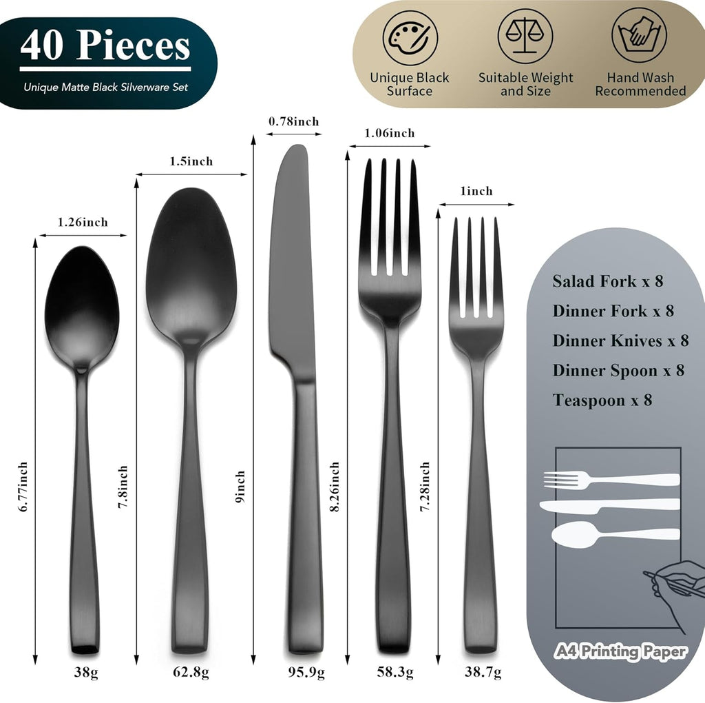 Matte Black Silverware Set, 40-Piece Premium Stainless Steel Black Cutlery Set for 8, Matte Flatware Sets