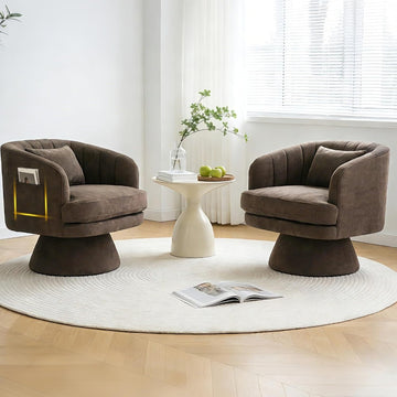 360° Swivel Barrel Chair with Side Pocket & Pillow Set of 2, Cloud Velvet Modern Swivel Accent Chair with Curve Back
